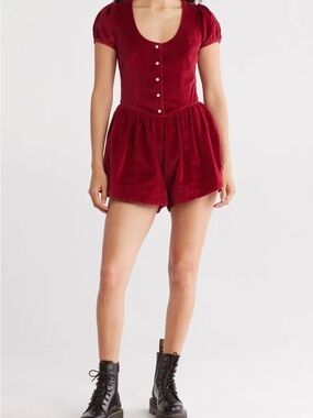 Free People Silver Bells Velvet Romper Dark Cherry Puff Sleeve Open Back XS/S